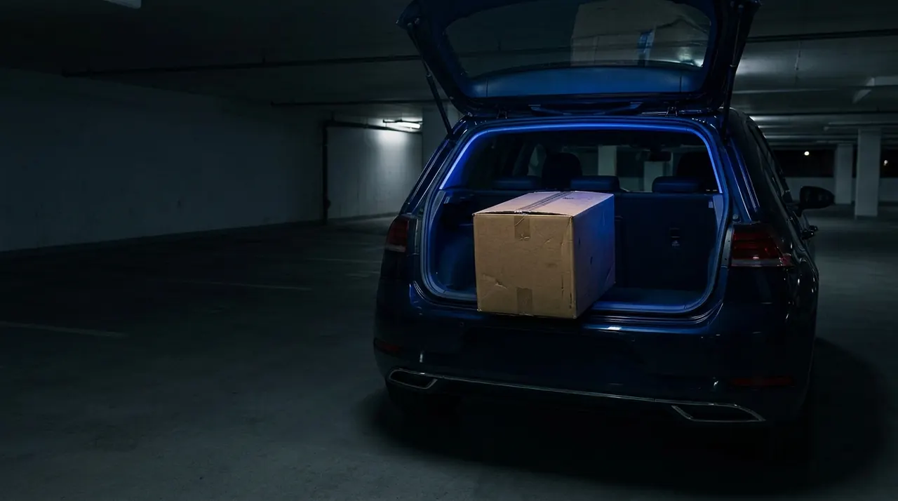 A cardboard box sliding into the open trunk of a hatchback in a dark parking garage
