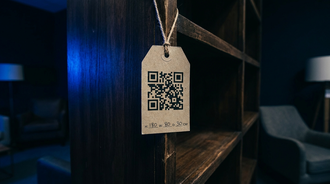 A furniture price tag with a QR code and dimensions hanging from a showroom bookshelf