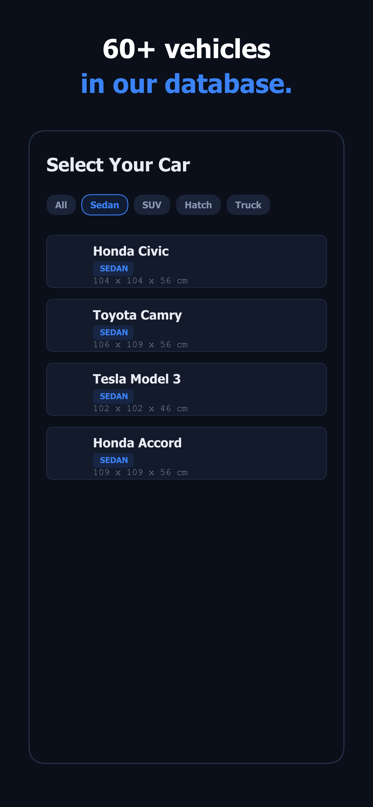 App screen listing sedans with their cargo dimensions