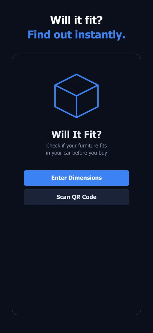 App home screen with enter dimensions and scan QR code buttons