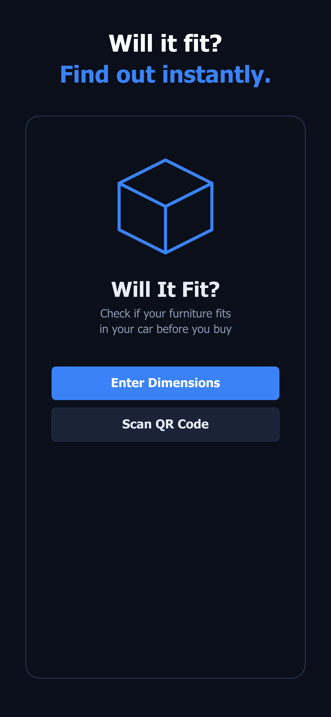 App home screen with enter dimensions and scan QR code buttons