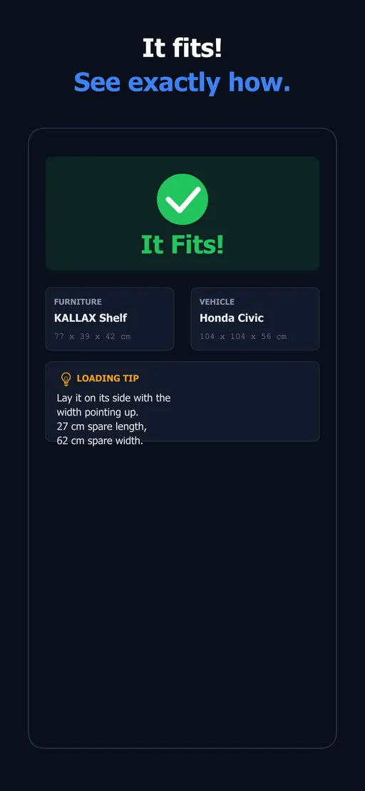 App result screen showing a green It Fits verdict with a loading tip