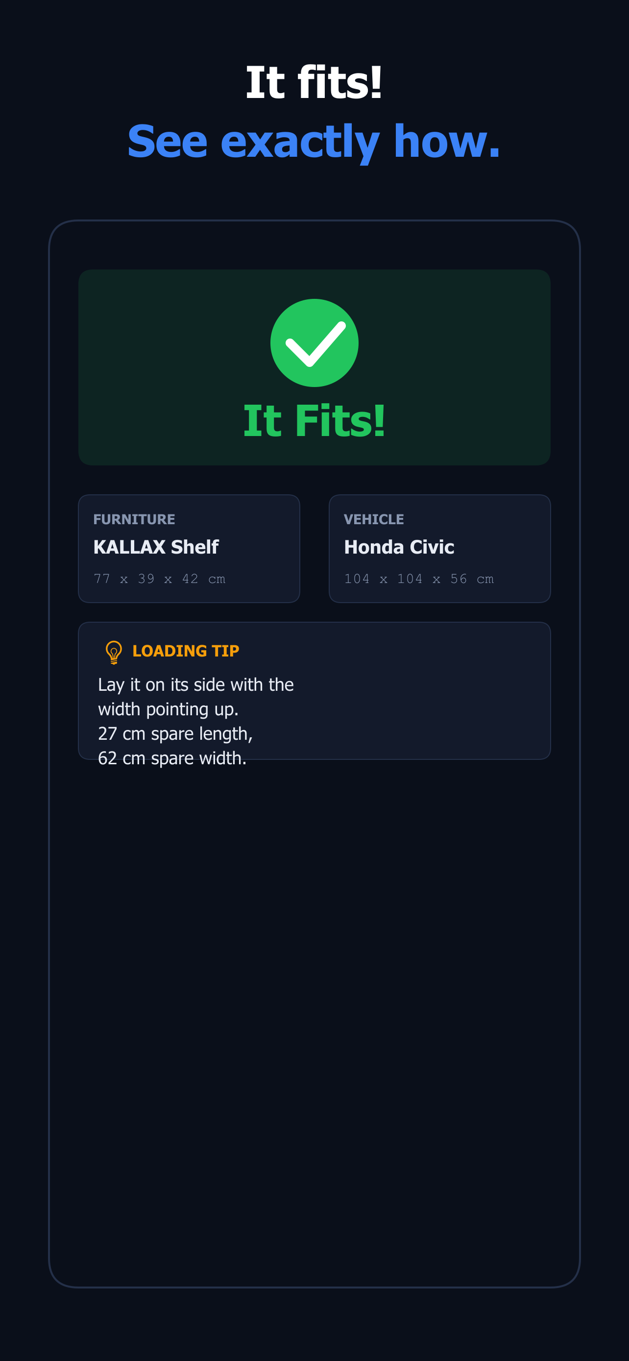 App result screen showing a green It Fits verdict with a loading tip