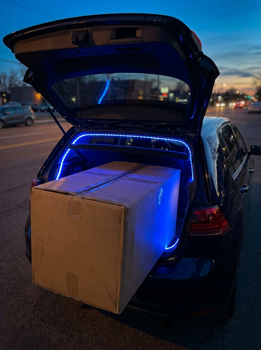 A cardboard box sticking out of a hatchback trunk that will not close